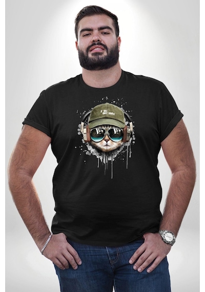 Angemiel Havalı Pilot Şapkalı Müzik Dinleyen Kedi Siyah Büyük Beden Erkek Kadın Unisex Basic Ön Baskılı Tişört Siyah