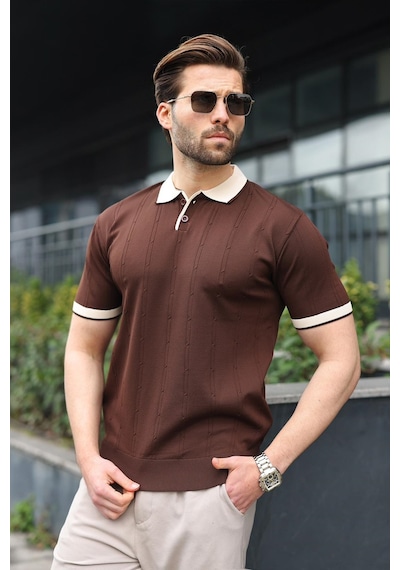 Madmext Kahverengi Polo Yaka Triko Erkek Tişört E7470 Kahverengi