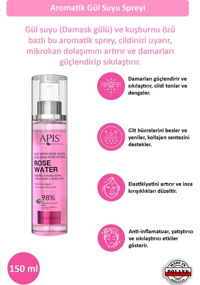 Apis Natural Gül Suyu ve Yaban Gülü Özleri İçeren Mist 150 ML