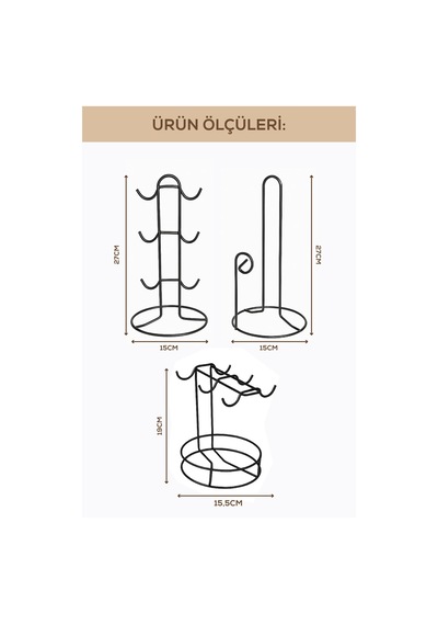Elmas Metal Tezgah Üstü Mutfak Seti Fincanlık & Kağıt Havluluk & Tabaklı Fincanlık Siyah