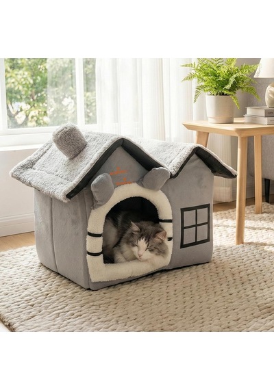 Gobypet 2 Çatılı Kedi Evi Ve Küçük Irk Köpek Kulübesi Ve Yuvası Minderli Peluş İç Mekan Yatağ