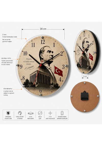 Atatürk Temalı Duvar Saati Türk Bayraklı Dekoratif Saat 5 Mm Mdf Kırılmaz Pleksi Camlı