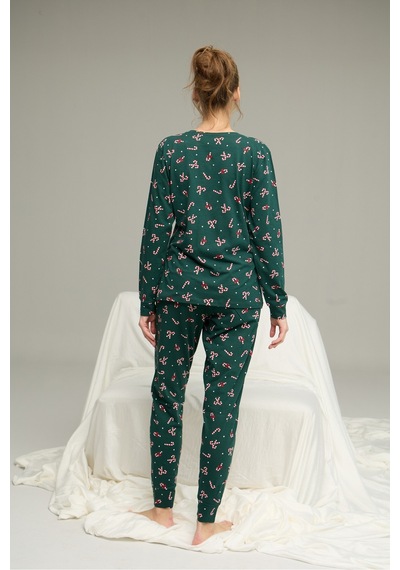 Siyah İnci Şeker Desenli Örme Pamuklu Pijama Takım25240277 Yeşil