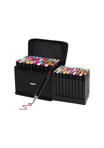 60 Parça Çift Uçlu Boya Kalemi Seti - Premium Kaliteli Akıtma Yapmayan Boya Kalemleri, Kurumaya Dayanıklı, Taşım Genel