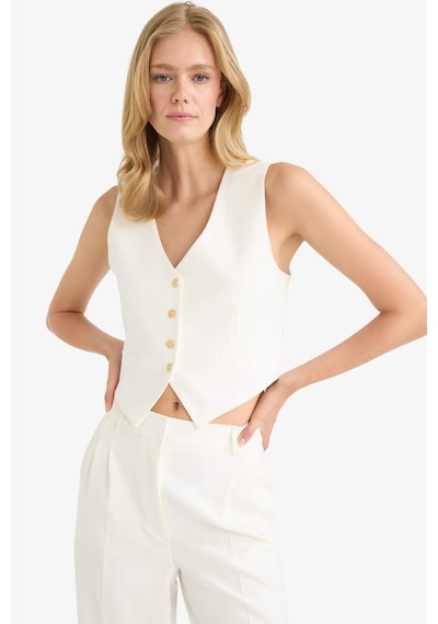 Defacto Crop V Yaka Keten Karışımlı Blazer Yelek C7798ax25smer105 Ekru