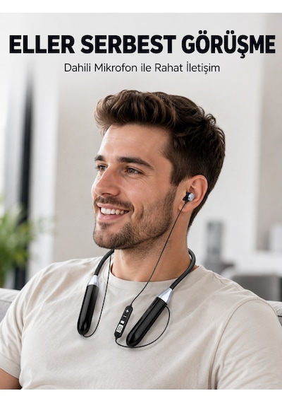 Uzun Kullanım Süreli Bluetooth Kulaklık Boyun Bantlı Mikrofonlu Kablosuz Müzik Ve Görüşme Kulaklığı - Lisinya Çok Renkli