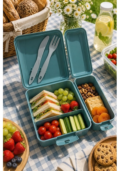 Titiz Takeaway Beslenme Kabı Seti Bölmeli Lunch Box Çatal Bıçak Dahil Bpa Free Çok Renkli