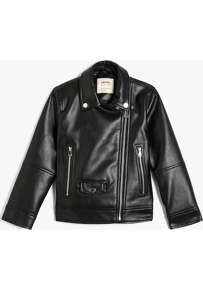 Koton 4skg20012aw Fermuar Detaylı Deri Görünümlü Kız Çocuk Biker Ceket Siyah