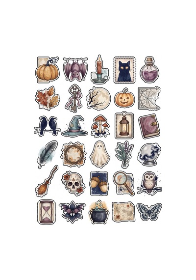 30 Adet Vintage Cadılar Bayramı Sonbahar Sticker Seti - Ajanda Defter Laptop İçin Çok Renkli