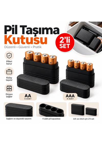 Pil Taşıma Kutusu Aa Ve Aaa Pil Uyumlu 2 Adet Set Düzenli Taşıma, Organizer