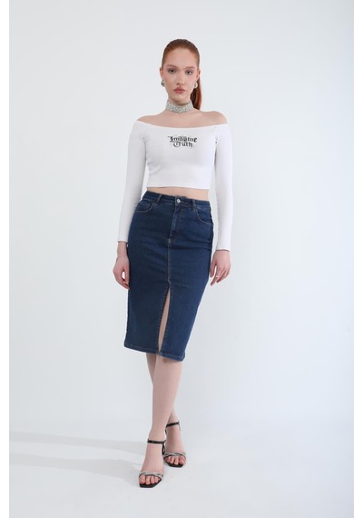 Banny Jeans Önden Yırtmaçlı Likralı Midi Jean Etek Koyu Mavi Xs