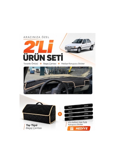 E-biz Renault 19 Europa 1996-2003 Uyumlu Torpido Örtüsü + Tay Tüyü Çanta - Siyah-bej - Re004