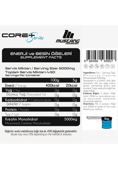 Mustang Nutrition Core+ Pure Creatine Monohydrate Powder Kreatin 250 Gr 50 Servis + Shaker + Protein Kahve Hediyeli Aromasız
