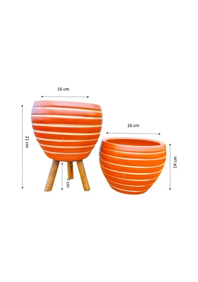 Bitki Tasarımı Yan Çizgi Terrakota Toprak Saksı Saksılık Salon Çiçeklik İkili Set Ayaksız - 3 Ayaklı- 15 Cm