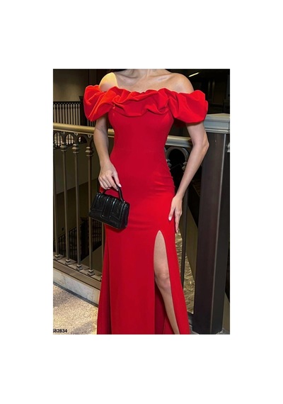 Lior Design Kadın Trend Tasarım Kare Yaka Yırtmaçlı Kısa Kollu Abiye Elbise Kırmızı