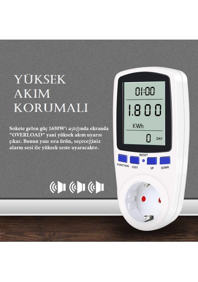 Işıklı Wattmetre Priz Tipi 3680W Enerji Sarfiyat Tüketim Ölçer