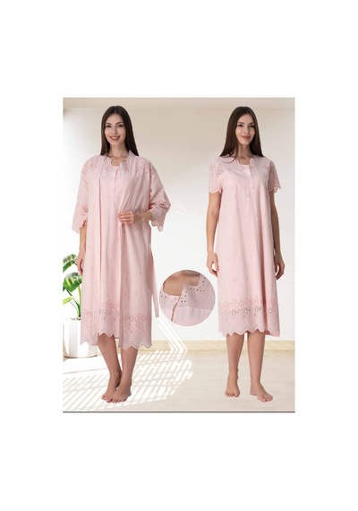Effortt Dvina Lohusa Hamile Sabahlık Ve Gecelik Takımı - 2'li Set - Pembe Pembe