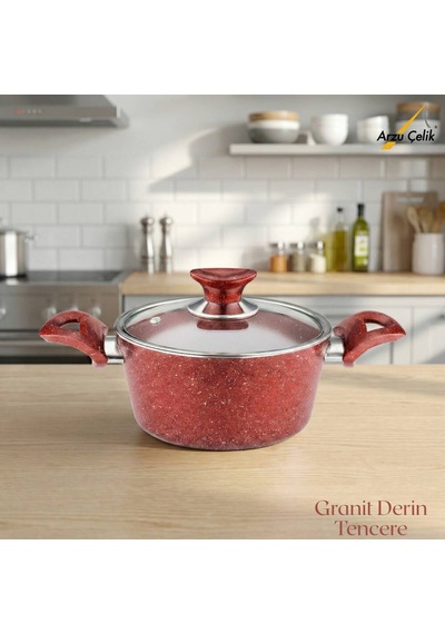 20 Cm Granit Derin Tencere Cam Kapak - Kırmızı Kırmızı