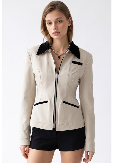 Mixray 2226 Kadın Astarlı Fileto Cepli Çift Fermuar Slim Fit Ceket Taş
