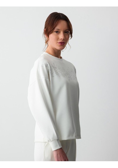 Jimmy Key Beyaz Bisiklet Yaka Uzun Kollu Çiçek Desenli Örme Sweatshirt 5sw232779100