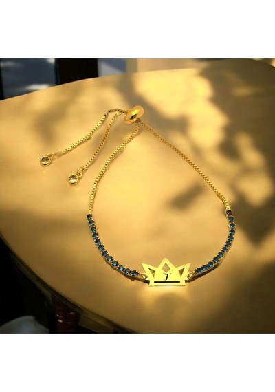 Archin T Harfine Özel 14 Ayar Altın Plakalı Mavi Taş Desenli Taç Figürlü Hediye Bileklik-466harf T