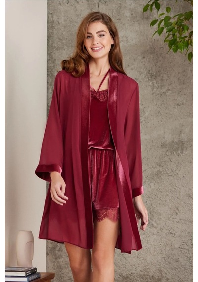 Pierre Cardin 4800 Kadın Dantelli Kadife Tulum Sabahlık Takım-bordo Bordo