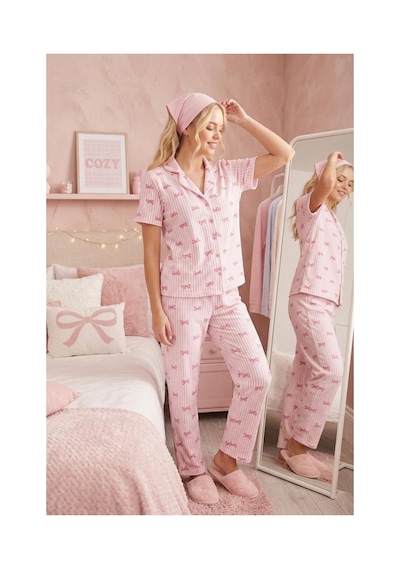 Fit Women Pembe Kurdele Desenli Bürümçük Kumaş Kısa Kollu Pijama Takımı 6064