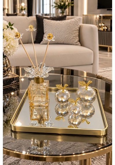Dekoratif Modern Kare Gold Tepsi 3lü Gold Kristal Cam Elma Seti Ve Koku Şişesi Ev Süs Eşyası Altın