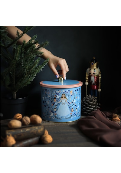 Tales Cinderella Desenli Topuz Kulplu Yuvarlak Metal Saklama Kabı 17.5 x 15.5 CM 3.5 L