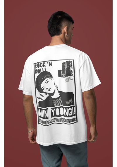 Sevbano Rock In Roll Min Yoong Sırt Baskılı Unisex Oversize Rapper Tişört Beyaz