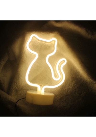 Neon Işıklı Kedi Tasarımlı Lamba Sıcak Beyaz