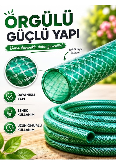 1/2 25 Metre Örgülü Bahçe Hortumu Balkon Bahçe Sulama Temizlik Araç Yıkama Su Hortumu Dolanmaz Kırılmaz Yeşil