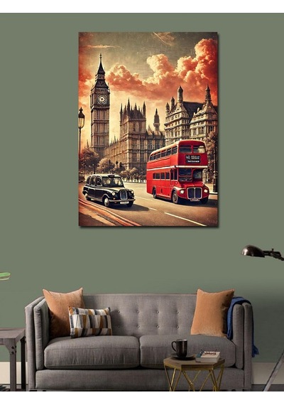 Kanvas Tablo Londra, Big Ben Ve Kırmızı Otobüs 50cmx70cm