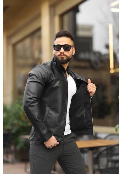 Premium Örme Triko Kol Dik Yaka Süet Ceket Siyah Deri