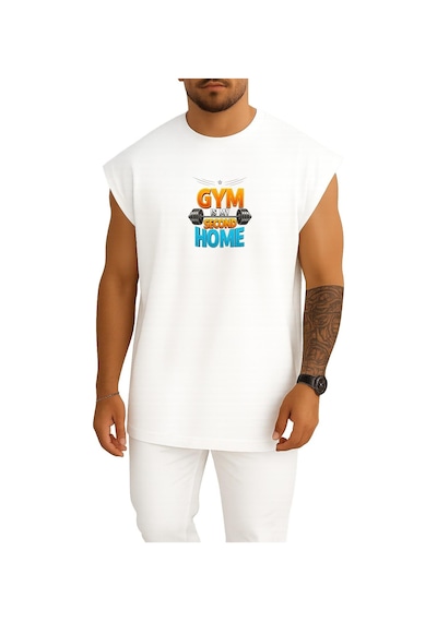 Bahriyeli Collection Oversize Gym Benim İkinci Evim Göğüs Baskılı Atlet Beyaz