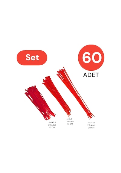 Tek-iş Kırmızı Plastik Kablo Bağı Seti 100mm 150mm 200mm X 2.5mm 60 Adet 3 Boy Dayanıklı Cırt Kelepçe Genel