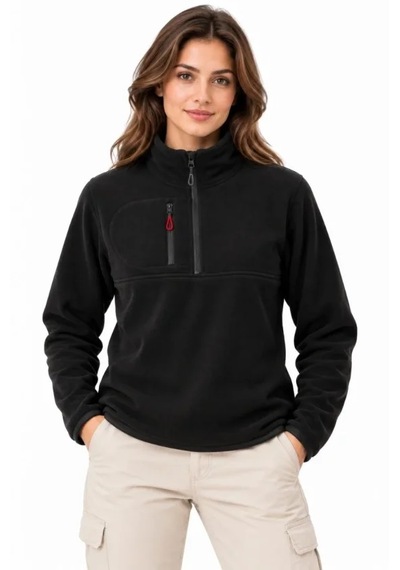 Butik İstanbul Polar Dik Yaka Yarım Fermuarlı Fermuarlı Göğüs Cepli Regular Fit Kışlık Sweatshirt - Siyah