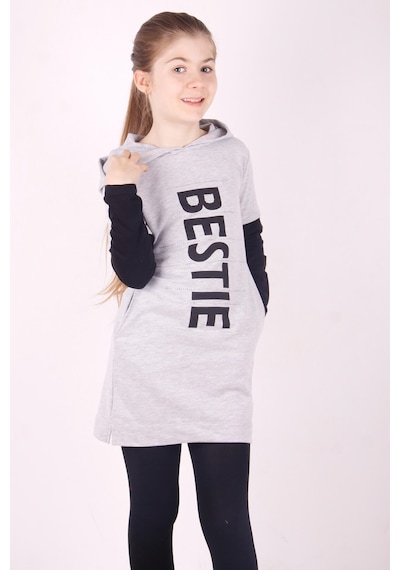 Toontoy Kız Çocuk Bestie Baskılı Kapşonlu Elbise Gri Melanj