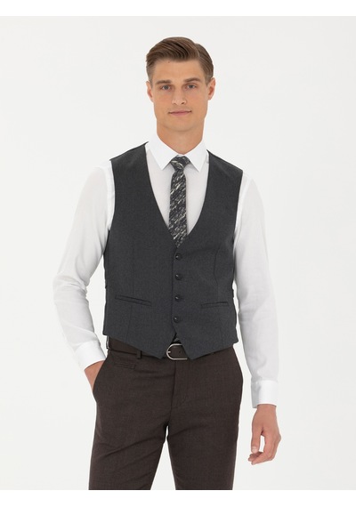 Cacharel Antrasit Slim Fit Yün Karışımlı Klasik Yelek Gri