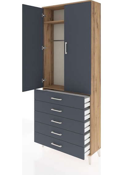 Arges Dolap 2 Raflı 5 Çekmeceli Tek Askılı 88x30x221 Çam-antr... Çam