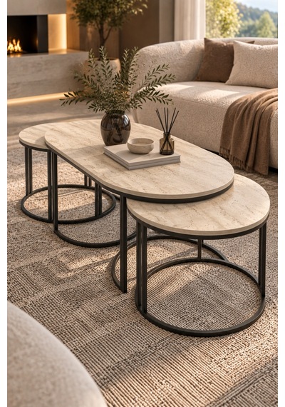 Sulorahome Bej 3'lü Oval Sehpa Seti