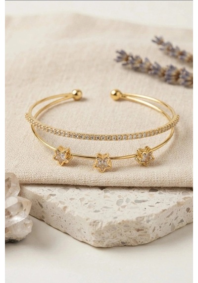 Bay Pirinç Zirkon Taşlı Yıldız Desen Gold Renk Bileklik - 1 Adet Bayan Takı Bx-313606 Najmaddin Standart