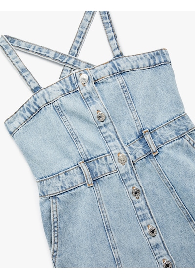 Koton Pamuklu Askılı Düğmeli Cepli Denim Elbise Lıght Indıgo 5skg80023ad Açık Mavi