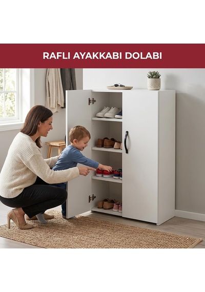 2 Kapaklı 4 Raflı Çok Amaçlı Dolap Beyaz 59x30x100 Cm Suntalam Düzen Dolabı Mutfak, Banyo, Antre, Ayakkabıl Diğer