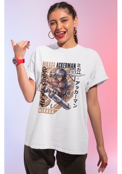 Sevbano Tasarım Mikasa Ackerman Attack On Titan Baskılı Unisex Oversize A Beyaz