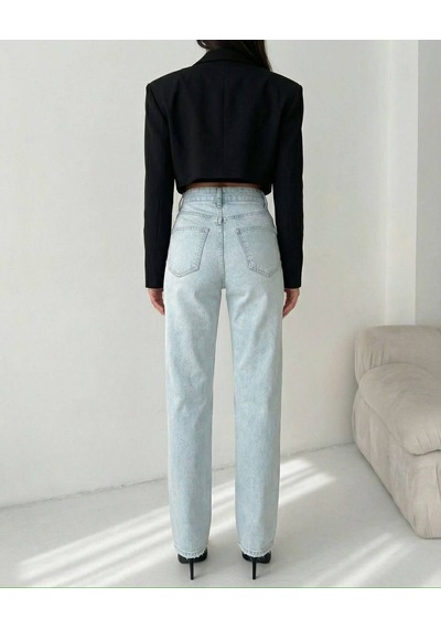 Herton Kadın Açık Mavi Yüksek Bel %100 Pamuk Jean Pantolon - Düz Kesim Straight Denim Açık Mavi