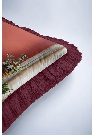 Etnik Otantik Şark Köşesi Saçaklı Yastık Kılıfı - Kiremit Bordo Püsküllü Kırlent Kılıfı - 40x40 Cm Uzak Düş Halo