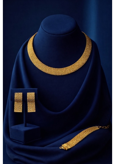 Altın Kaplama Hasır Choker Kolye Geniş Mesh Şık Kadın Gerdanlık Bileklik Küpe 3'lü Takı Seti Düğün