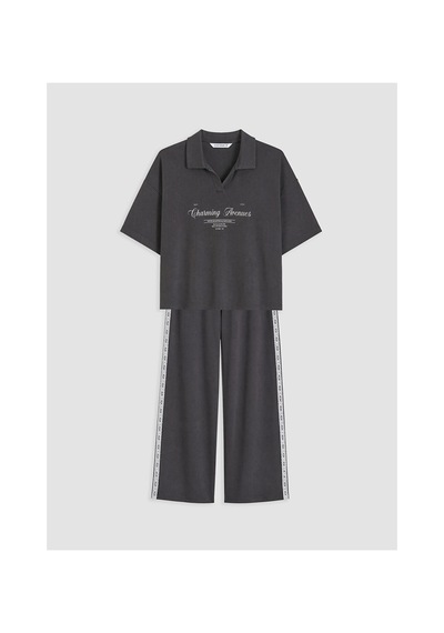 Lcw Young Antrasit Polo Yaka Baskılı Kadın Pijama Takım