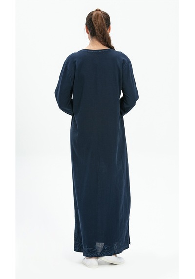 Eliş Şile Bezi Uzun Kol Şile Bezi Simli Kaftan Midi Boy Elbise Lacivert Lcvt